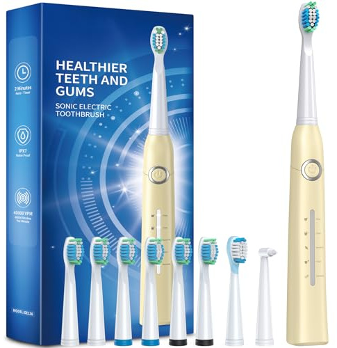 Demita Spazzolino elettrico sonico per adulti per la pulizia dei denti con 8 testine, 40000 VPM, 5 modalità, con ricarica rapida in 4 ore e una durata di 30 giorni giallo