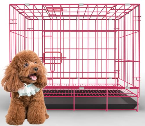 RUYICZB Hundekäfig Hundetransportbox Klappbar Hundebox Für Zuhause Gitterbox Hund Hundegitterbox Mit 2 Türen Und Tablett Hundetransportkäfig Tiertransportbox,Rosa,19.7 Lx13.4 Wx16.5 H