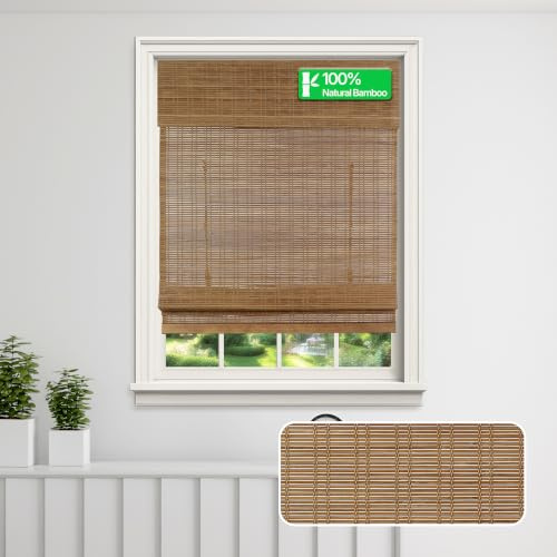 CALYX INTERIORS Cordless Bamboo Roman Shade Blind, Light Filtering, 23 W x 64 H, Ceylon Chestnut