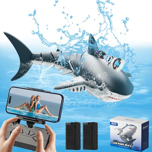 OBEST Ferngesteuertes Hai mit HD Kamera, 2.4GHz Ferngesteuerter Hai-Spielzeug Mobile APP-Steuerung, RC Haiboot mit LED Lichter für Pools & Seen Real-Time Shoot, Simulation Sprühwasser Shark Geschenk