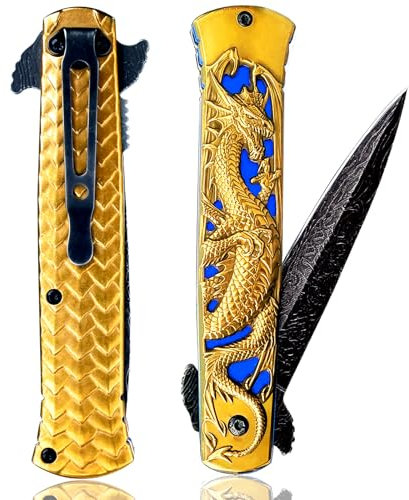Vividstill cool Drache Klappmesser für Männer, cool Klappmesser Taschenmesser mit Titanplattiert 3D Drache, gute Geschenk Edc Messer für Männer Outdoor Überleben Camping (Goldenen titanplattiert)