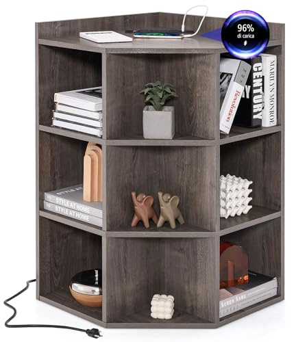COSTWAY Mobile ad Angolo a 3 Livelli in Legno, Libreria Angolare Aperta con Stazione di Ricarica 9 Cubi 2 Porte USB e 4 Prese, Adatto per Spazi Ridotti, 51x71,5x86 cm (Marrone)