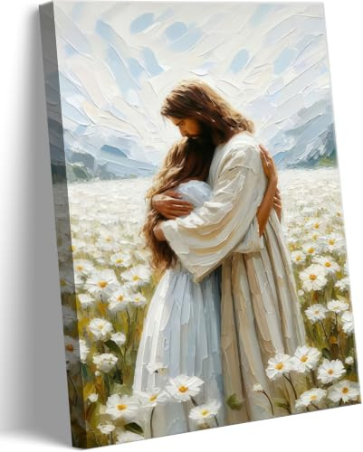 Jesus Hugging Girl Canvas Wall Art Jesus and Woman Wall Decor Pictures Modern Christian Healing Embrace Mormon Prints Posters for Hallway Bathroom Dining Living Room Kitchen Wall Bedroom Decoration (canvas, 12x16in)