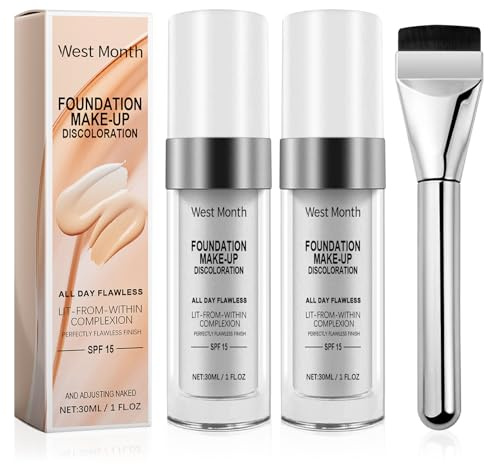 Farbwechselnde Foundation | 2 * 30ml Color Changing Foundation| Concealer Foundation Feuchtigkeitsspendende Natürliche Langanhaltende Feuchtigkeitsspendende Makeup Foundation+1 Kosmetikpinsel