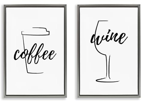 Stupell Industries Simple Coffee Wine Drawing 2 pc Framed Floater Canvas Wall Art Set Design by Martina Pavlova, Gray Floater Frame, 21 x 31