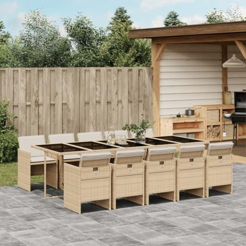 IKAYAA Rattan Gartenmöbel Set 11-TLG, Rattan Sitzgruppe für 10 Personen, Gartentisch aus Glas mit Stapelbar Stühlen & Kissens, Essgruppe Garten, Gartengarnitur Sitzgarnitur, Beige