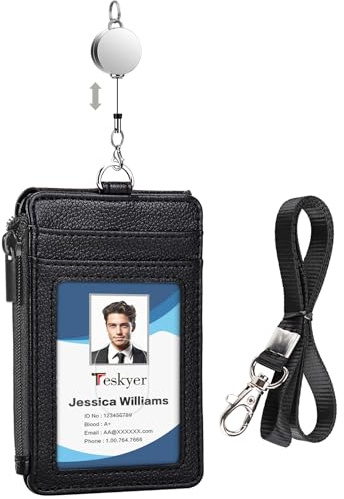 Teskyer Faux Leather ID Badge Holder - Retractable Lanyard with 4 Card Slots & Zip Pocket, Oyster/Bus Pass Storage, Vertical Design (Black)