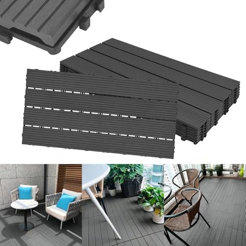 ACXIN WPC terrassplattor terrassplattor kakel i träutseende plastplattor terrassplattor klickplattor balkongplattor, kan skäras till, för trädgård/balkong/terrass (12, antracit, 30 x 60)