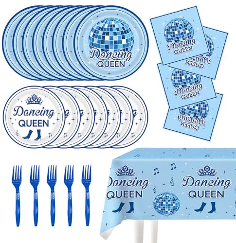 TRBSXRT 61 Pcs Dancing Queen Party Supplies - Paper Plates Napkins Dancing Queen Party Tableware Set, 70s Disco Ball Decorations for Themed Birthday Party Bachelorette