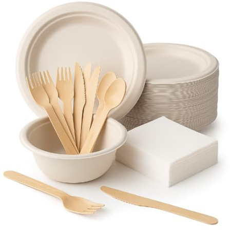 Urbisell Pack Vajilla Desechable Ecológica para 100 Personas – 600 Piezas Compostables | Platos y Bowls de Caña de Azúcar, Cubiertos de Madera Encerada, 100 Servilletas 20x20 | Biodegradable