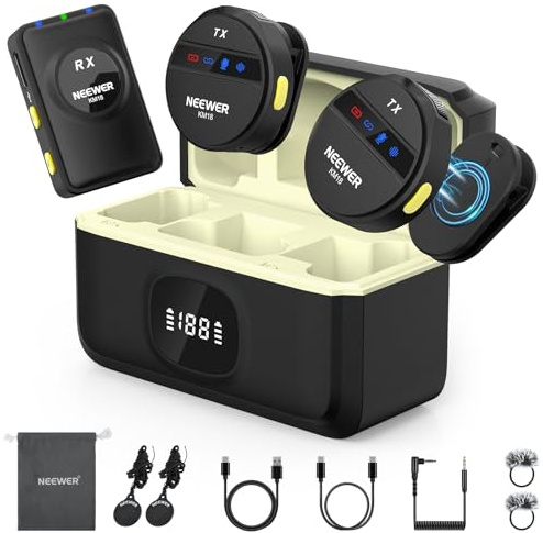 NEEWER KM18 Drahtloses Mikrofon mit USB C Ladekoffer OTG 48KHz 24Bit 20H Akku 3,5mm TRS 150m Reichweite Rauschunterdrückung Mini Ansteckmikrofon Lavalier Mik Kompatibel mit iPhone Android PC Kamera