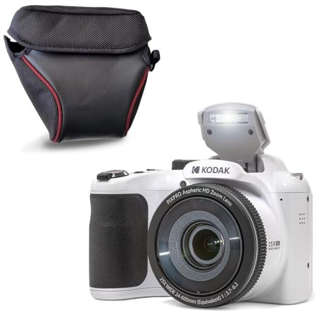 KODAK Pixpro AZ255 Cámara Bridge 16MP, Zoom Óptico 25x, Full HD 1080p, Gran Angular 24mm, Estabilizador, Pantalla LCD de 3, Funda Incluida - Ideal para Viajes - Blanco