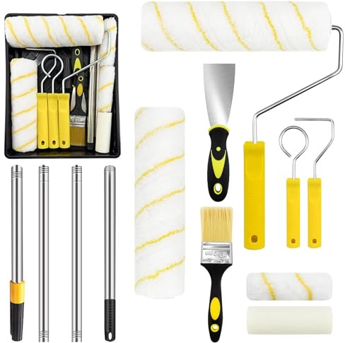 Mini Paint Roller Set: 12 PCS Paint Rollers and Trays Sets with Extension Pole 5 Large and Mini Roller Sleeves Paint Brush for Painting Walls Ceiling Doors