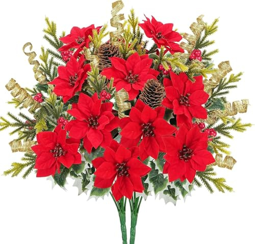 FALSKT 2PCS Stelle di Natale Finte Stella di Natale Artificiale Fiori Finti Natalizi con Decorazione in pizzo dorato, Pigne Naturali per Vaso Seta per Decorazioni Natalizie Casa e Feste