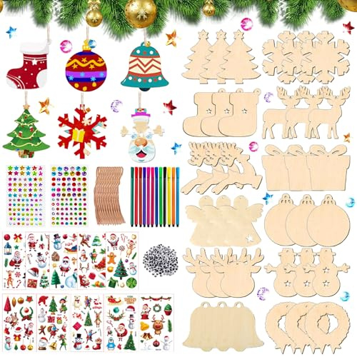 SZ Lucky Sheeps 324Pcs Holzanhänger Weihnachten Deko, Basteln Weihnachten Kinder, Weihnachtsgeschenke für Kinder Christbaumschmuck