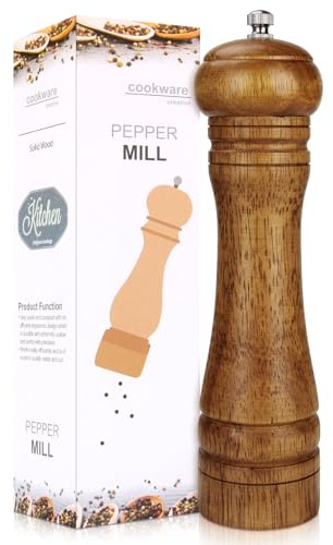 Wooden Grinder Kit Wooden Pepper Mill 8 Inch Solid Oak Grinder with Adjustable Ceramic Mechanism - Traditional Manual Pepper Grinder for Coarse to Fine Grinding, Kitchen & Dining Essential