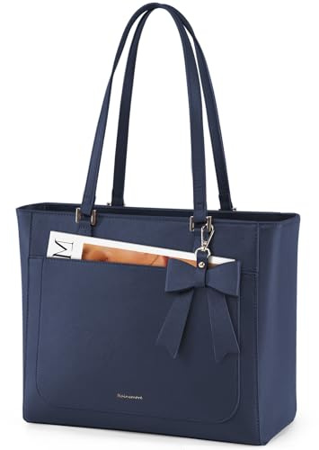 RAINSMORE Handtasche Damen Groß Shopper Business Tasche Damen Wasserdichte Leder Tote Bag Mittelgroß Arbeitstasche Henkeltasche Umhängetasche Schultertasche Blau