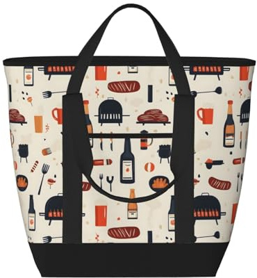 Nevjipu Borsa termica riutilizzabile grande, con stampa di salsicce arrosto e vino, borsa termica morbida, borsa termica per la spesa, trasportatore portatile per alimenti caldi e freddi, con cerniera