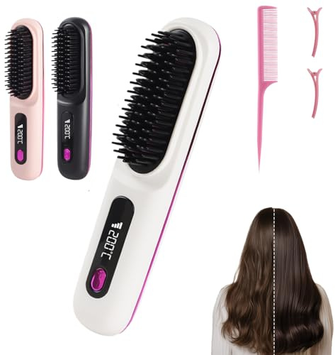 Cepillo de peinado para pelo corto, inalámbrico, alisador de pelo, cepillo para alisar el pelo, cepillo portátil eléctrico para viajes, recargable, diseño duradero y nutritivo para todo tipo de
