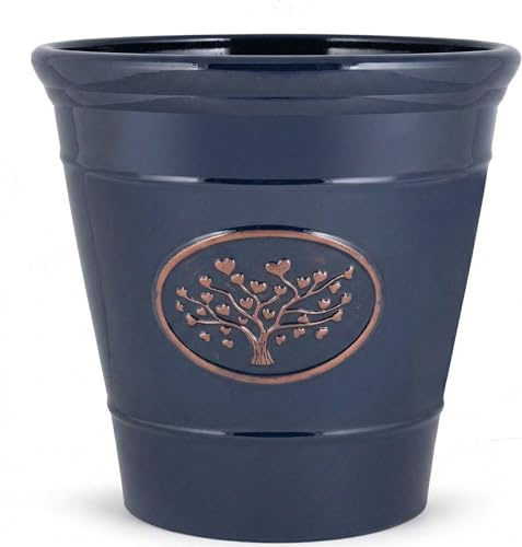 Fyne-Finds Round Plastic Olive Blue 30cm,12inch Plant Pot 14Liters Tree of Life Embossed Garden Planter Weatherproof Drainage Holes (1)