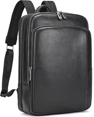 Yevabo Mochila de piel auténtica para laptop de 15.6 pulgadas, con múltiples compartimentos, para viajes de negocios, uso diario, oficina, trabajo, uso profesional, color negro