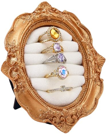 FINGERINSPIRE Vintage Ring Halter 11.9x9.7cm Schokoladen Harz Schmuck Präsentation Oval Verlobungsring Ständer Barock Stil Ring Halter Antik Gold Ringhalter für Schminktisch Hochzeits Display