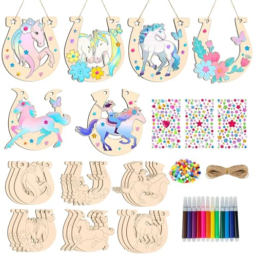 Xylota 18 Stück Bastelsets Kinder, Hufeisen Holz, Basteln Kindergeburtstag, Bastelsets Kinder ab 4 5 6 7 8 9 Jahre, Osterdeko, Geschenke für Mädchen, Geschenkidee, Frühling Ostern Basteln, Pferde Gebu