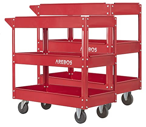 Arebos Werkstatt-Rollwagen | Montagewagen mit 3 Ablagefächern | bis 120 kg belastbar | robuster Werkzeugwagen aus Stahl | Mobile Transporthilfe | für Werkstatt, Garage & Hobbyraum | 2er Set