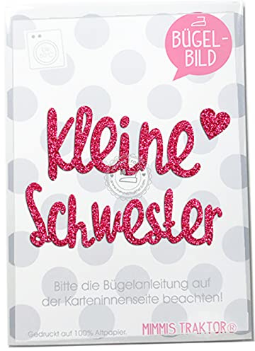 GLITZER Bügelbild kleine Schwester mit Herz 10 cm Aufbügler Applikationen Bügelsticker für Stoffe Textilien Kinder zum Aufbügeln Flicken, Farbe:Glitzer pink