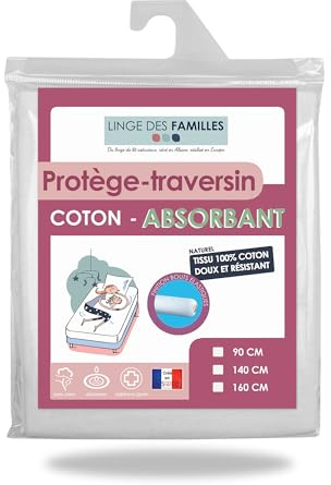 Linge des Familles - Protège Traversin 160 cm - 100% Coton Molleton - Housse Traversin Douce et Absorbante - Label Oeko-TEX® Standard 100 - Made in Europe