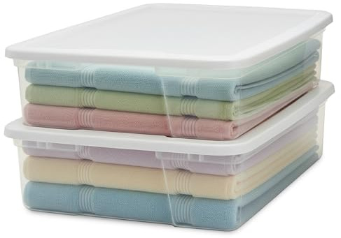 HOMZ 2-Pack Snaplock, Small Clear Plastic Storage Organizer Bins w/ Lids, 28 Quart, White - Stackable Container Boxes for Bedroom, Bathroom, Garage, and Office Organization