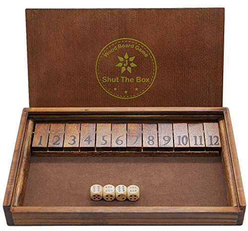Juegoal Shut The Box Wooden Board Dice Game with 12 Numbers and Lid for Kids Adults Families, 2 Players and Up
