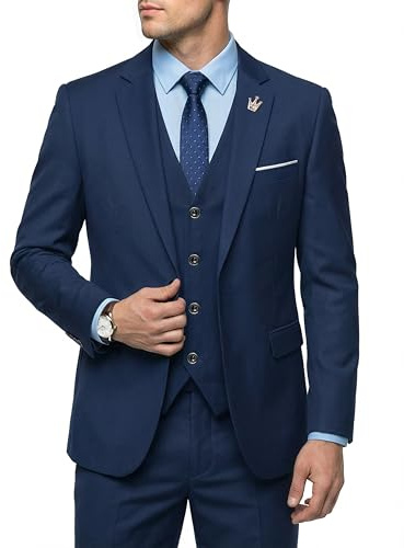 MY'S Men's 3 Piece Solid Suit Set, One Button Slim Fit Jacket Vest Pants with Tie, Deep Blue