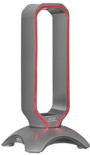 Mars Gaming MHHX, Soporte para Auriculares con Iluminación RGB Flow, HUB con 2 Puertos USB 2.0, Diseño Vertical Compacto, Base Antideslizante y Curvatura Protectora, Grafito