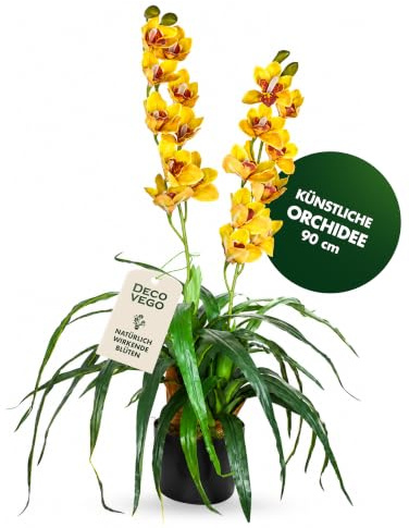 Decovego künstliche Orchidee, Kunstpflanze 90 cm Gelb, Kunstblume für Wohn- & Büroräume, Allergikerfreundlich & Pflegeleicht