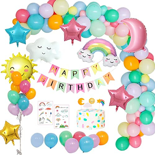 WEEYIN Pastell Regenbogen Party Dekoration Luftballons mit Happy Birthday Banner, Wolken Regenbogen Sonne Mond Stern Folienballons für Mädchen Frauen Kinder
