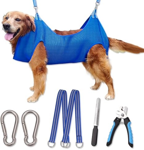 Kkiimatt 10-in-1 Haustierpflege-Hängematten-Geschirr mit Nagelknipser/Trimmer, Nagelfeile, Kamm, Hunde-Nagelschneide-Hängematte, Hundepflege-Schlinge zum Schneiden von Nägeln, XXL, Max. 50 kg, Blau