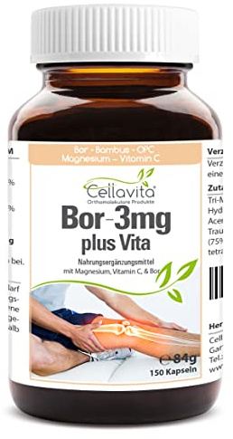 Cellavita Bor 3mg plus Vita Kapseln/Tabletten mit Bambus als Siliciumquelle, Magnesiumcitrat, Traubenkernextrakt (OPC), Acerola Fruchtpulver (Vitamin C) Boron | (150 Kapseln)
