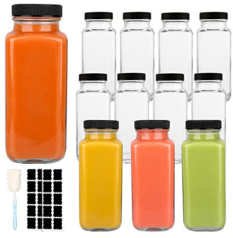 GUANENA Paquete de 12 botellas de vidrio para bebidas, botellas de agua cuadradas vintage de 8.5 onzas con tapas, botellas de jugo para leche, kombucha, batidos