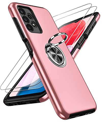 LeYi for Samsung Galaxy A13 4G Phone Case with 2 Tempered Screen Protector | Heavy Duty Protection Shockproof Cover with Built-in Ring Holder Lightweight Silicone Hybrid Phone Case for A13 4G Pink