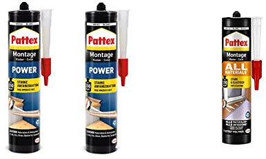 Pattex Montagekleber Power 740g, Baukleber mit starker Anfangshaftung, Kraftkleber für saugende Materialien & Montagekleber All Materials, stark haftender Alleskleber, 1 x 450g