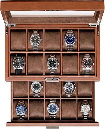 ROTHWELL Boîte à montres en cuir à 20 fentes, Ecrins pour montres de luxe, Organisateur de bijoux avec plateau en verre véritable, Marron/Marron