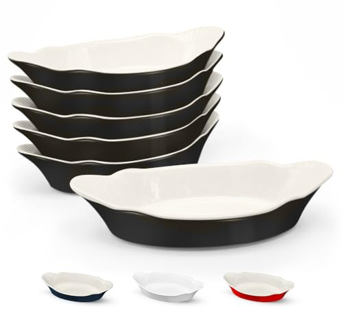 Au Gratin Baking Dishes, by Kook, Mini Casserole Dish, Set of 6, for Banana Split, Oven and Microwave Safe, Dishwasher Safe, Ceramic Serving Dishes, Lasagna & Cobblers, Individual Serving, 12 oz (Black)