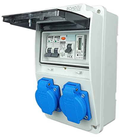 RoadEu - Distributore di corrente 230V con contatore, 2 prese Schuko, magnetotermico differenziale 40A, 2x C16A, misuratore di tensione. Perfetto per il garage, il capanno o il giardino