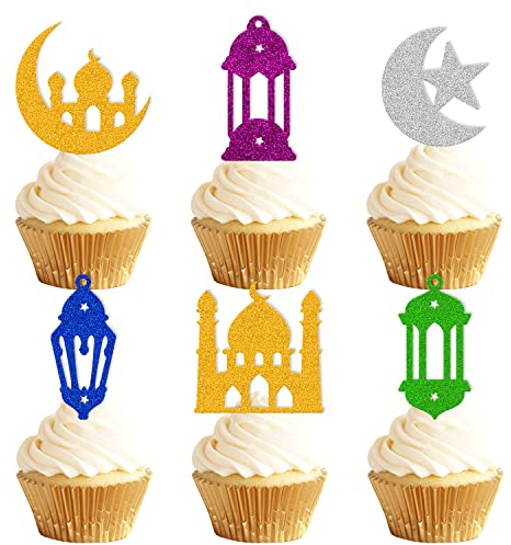 Eid Mubarak Cupcake-Topper, Stern, Mond, Laterne, Schloss, Themenzubehör für muslimische islamische Eid-Mubarak-Festivals, Feiern, Party-Dekorationen, 36 Stück
