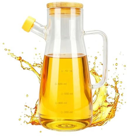 Glas Ölflasche, 900ml Ölflasche Olivenöl Speiseölkanne mit Holz Deckel Hohe Borosilikatglas Ölsprüher Essig Gewürze Soßenspender Behälter Klares Skala Design Spenderflasche Ölspender Olivenölsprüher
