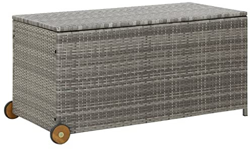 FIRBNUS Gartenbox mit Griff und 2 Räder 120x65x61 cm Auflagenbox Gartentruhe Kissenbox Box mit Deckel Gartenboxen Storage Boxes PE Rattan Massives Akazienholz Hellgrau