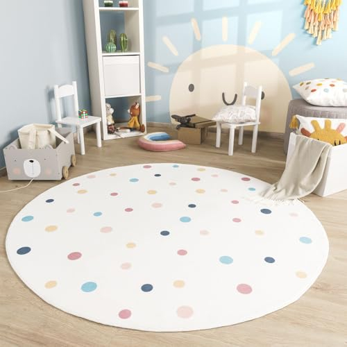 TT Home Alfombra Habitación Infantil De Juego Bebe Lavable Arcoíris Sol Moderna, Color:BeigeAzulAmarillo, Tamaño:100 cm Redondo