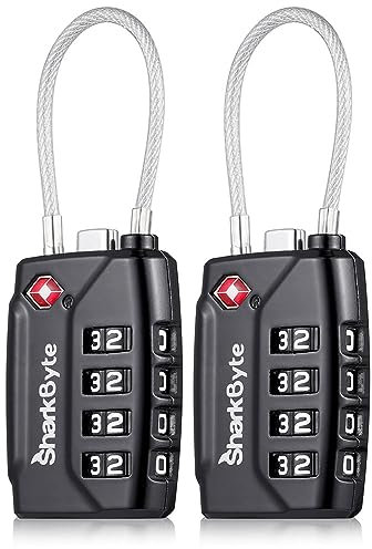 SharkByte TSA Approved Suitcase Locks - 4-Dial Security Travel Combination Padlock, Flexible Cable Wire Travel Lock for Suitcases, Luggage Locks, Travel Bag Gym Locker Small PadLock with code (2 Pack)