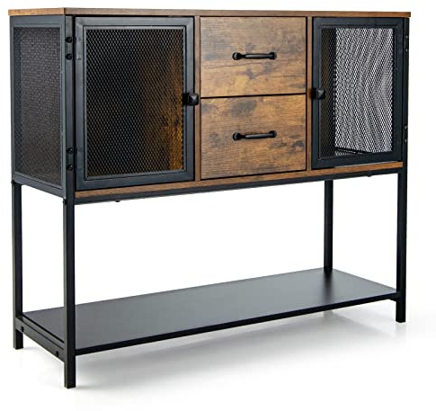 KOMFOTTEU Küchenschrank Sideboard Industrie, Buffetschrank mit Metallgittertüren Schubladen Regalen, Beistellschrank Küchenkommode Holz, Konsolentisch Aufbewahrungsschrank 100x35x85 cm